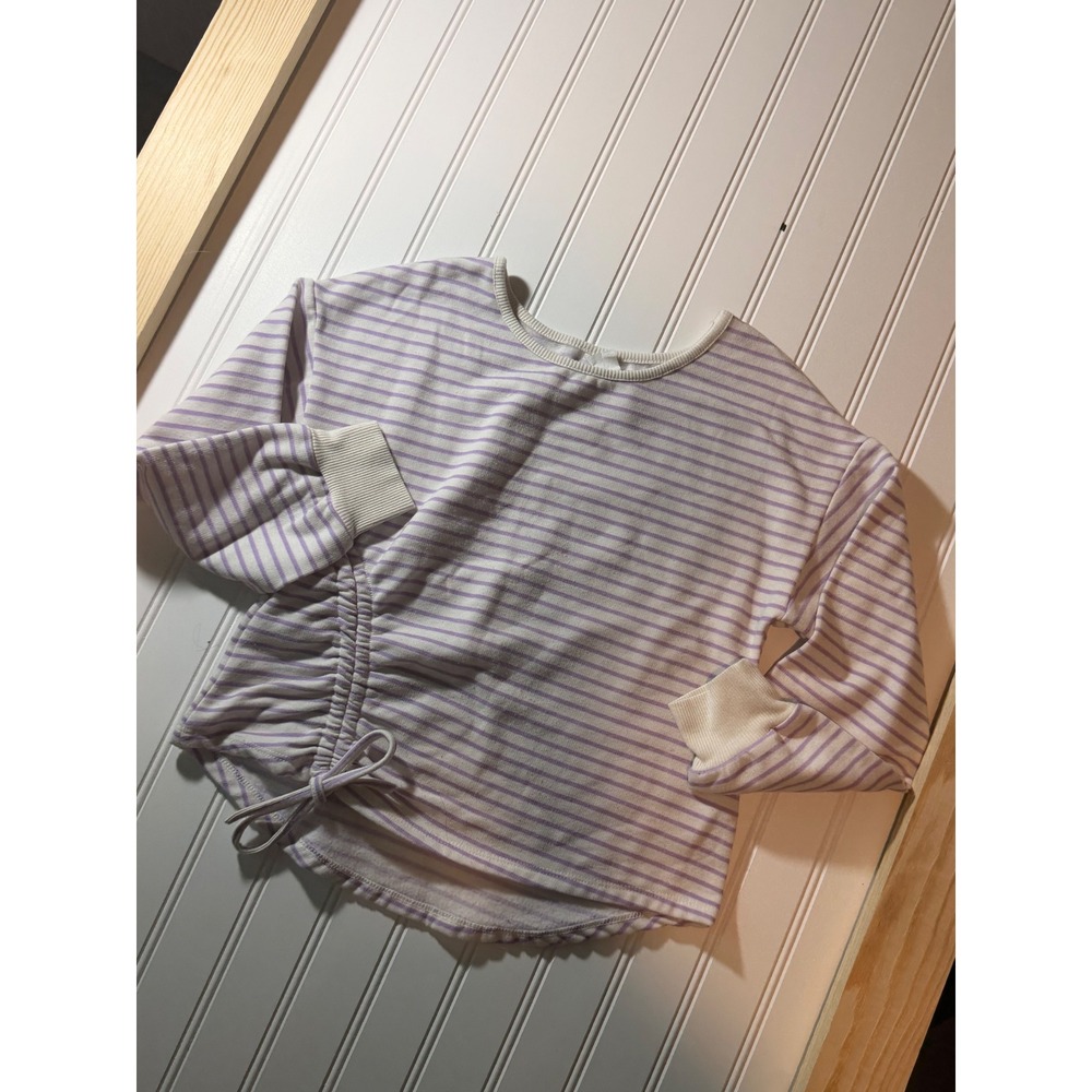 Girls Purple White Striped Long Sleeve Top Side Cinch Drawstring Knit Shirt